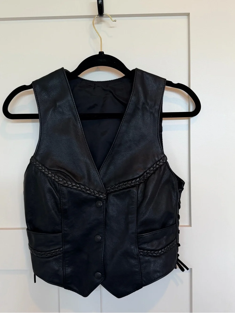 Genuine Leather Black Braided Vest - Women’s Size Small Snap Closure Side Ties